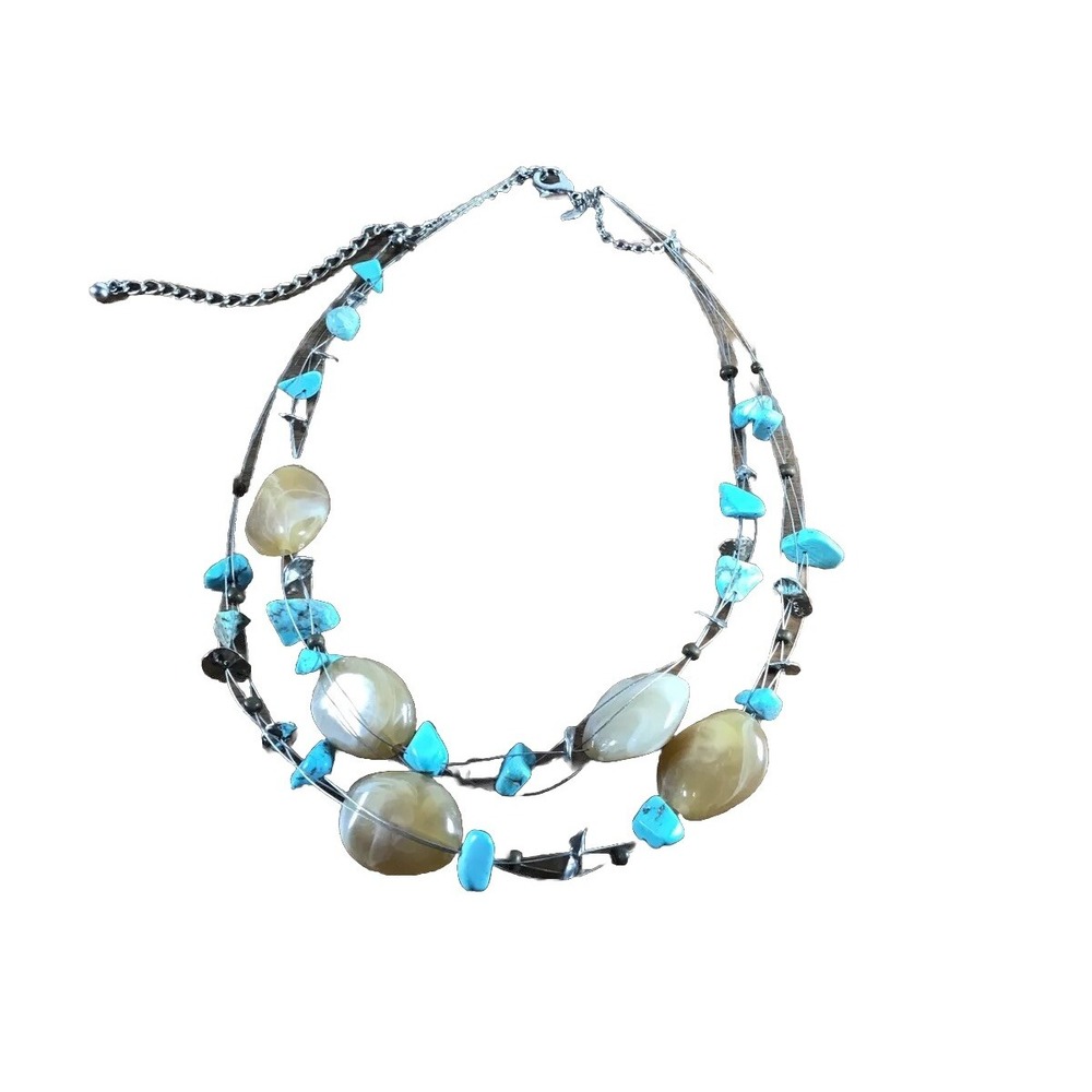 Chicos Double Strand Turquoise Stone Wired Silver Tone Necklace